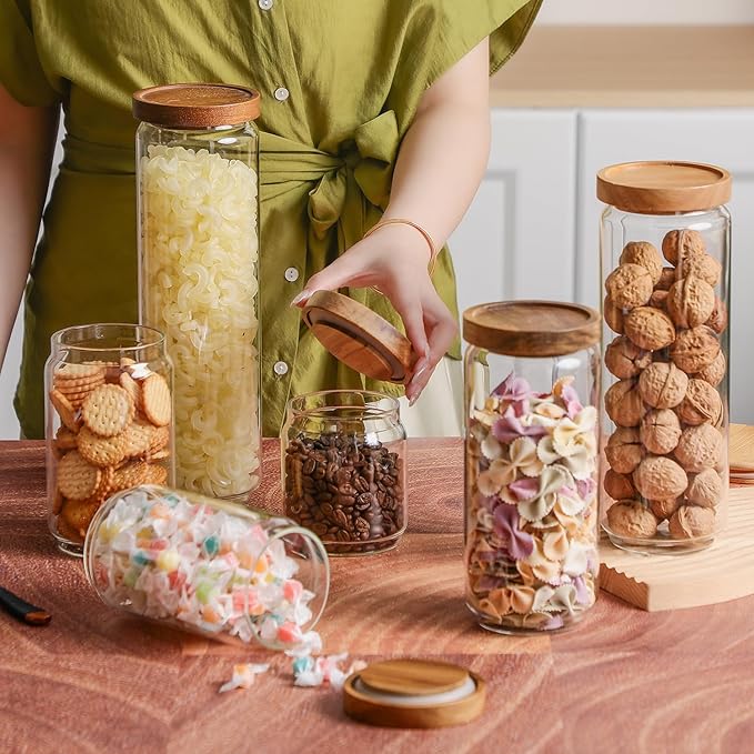 Glass Storage Containers Set of 3, 54 OZ High Borosilicate Glass Jars with Wooden Lids Kitchen Food Canisters s for Coffee Beans/Sugar/Noodles/Nuts/Cookies/Pasta