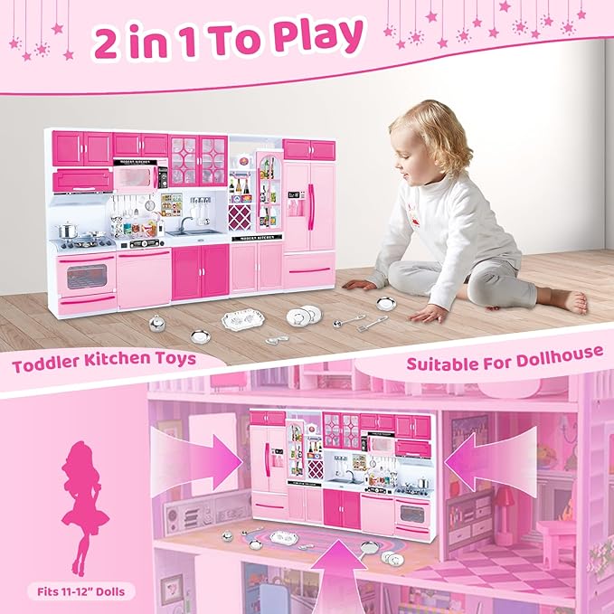 56PCS 5-in-1 Kids Kitchen & Dollhouse Playset – 51 Accessories & 5 Modular Setups, Realistic Lights & Sounds, Easy Assembly Pretend Cooking Toy for Girls Ages 3+