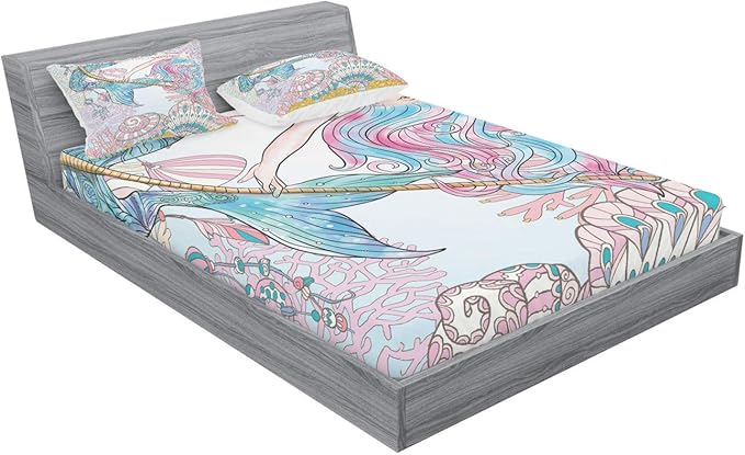 Ambesonne Mermaid Fitted Sheet & Pillow Sham Set, Cartoon Woman in Sea Sirens of Greek Myth Female Human Tail of Fish Image, Decorative Printed 3 Piece Bedding Decor Set, Full, Pink Navy