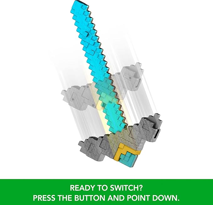 Mattel Minecraft Sword and Pickaxe 2-in-1 Toy, Button-Activated Click and Switch Role-Play Accessory Inspired by A Minecraft Movie