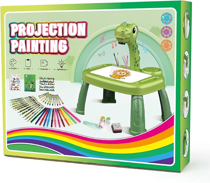 Drawing Projector for Kids, Art and Crafts, Drawing Board with Music, Color Pens, Pencils, Crayons, Scrapbook, Dinosaur Sticker Book, Ideal Toy for 3+ Year Old Girls & Boys (Dinosaur Kit)