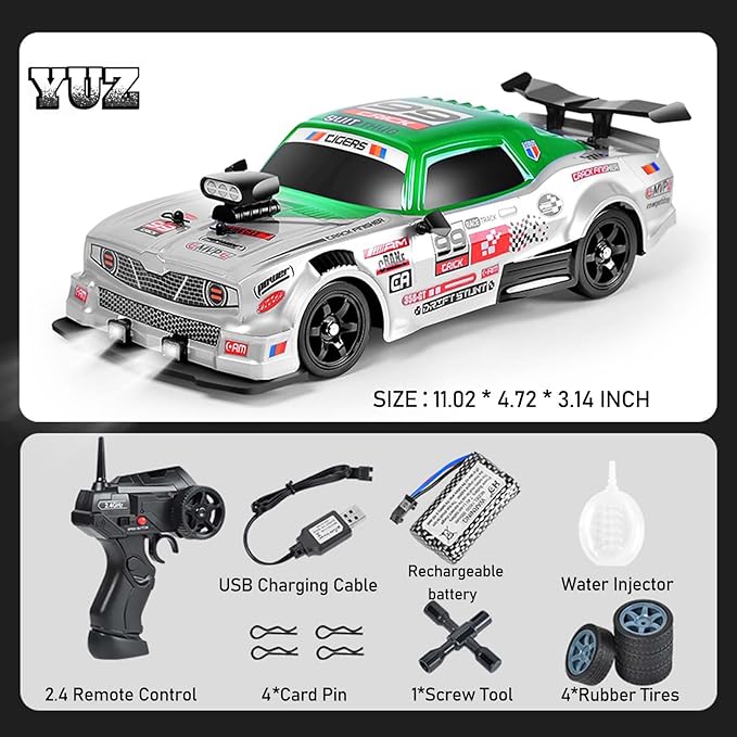 YUZ RC Drift Car Remote Control Car 1:16 2.4GHz 4WD 18KM/H High Speed RC Car with LED Lights Spray Racing Toy Car Rechargeable Batteries for Adults Boys Girls Kids Birthday Gift