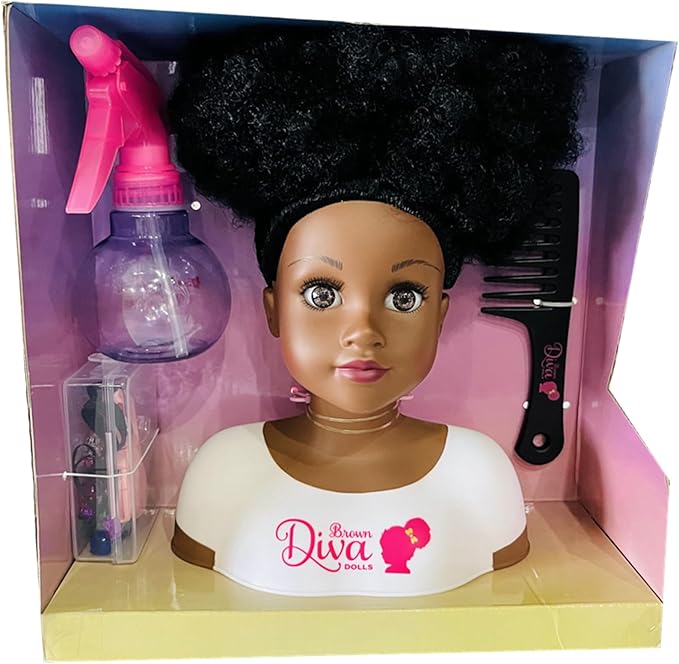 Black African Brown Styling Head Dolls with Curly Afro Hair and 5 Accessories, for Kids, Kids Toys for Ages 3 Up