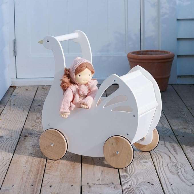 Tender Leaf Toys - Sweet Swan Pram - Wooden Swan Shape Dolls Stroller - Inspired Role-Play Toy for Boys and Girls, Improve Gross Motor Skills and Creativity - Age 18m +