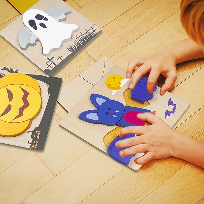 Anditoy 4 Pack Halloween Wooden Puzzles for Kids Toddlers Halloween Toys Party Favors Halloween Treat Bags Gifts