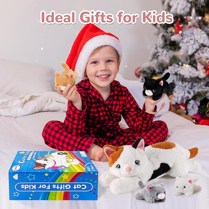 5 Pieces Cat Stuffed Animals with Babies Inside Belly - 1 Mommy Stuffed Cat with 4 Kittens - Stuffed Kitty Plush Toys for Kids Age 3-8, Gifts Ideal for Christmas, Valentine's, Birthday