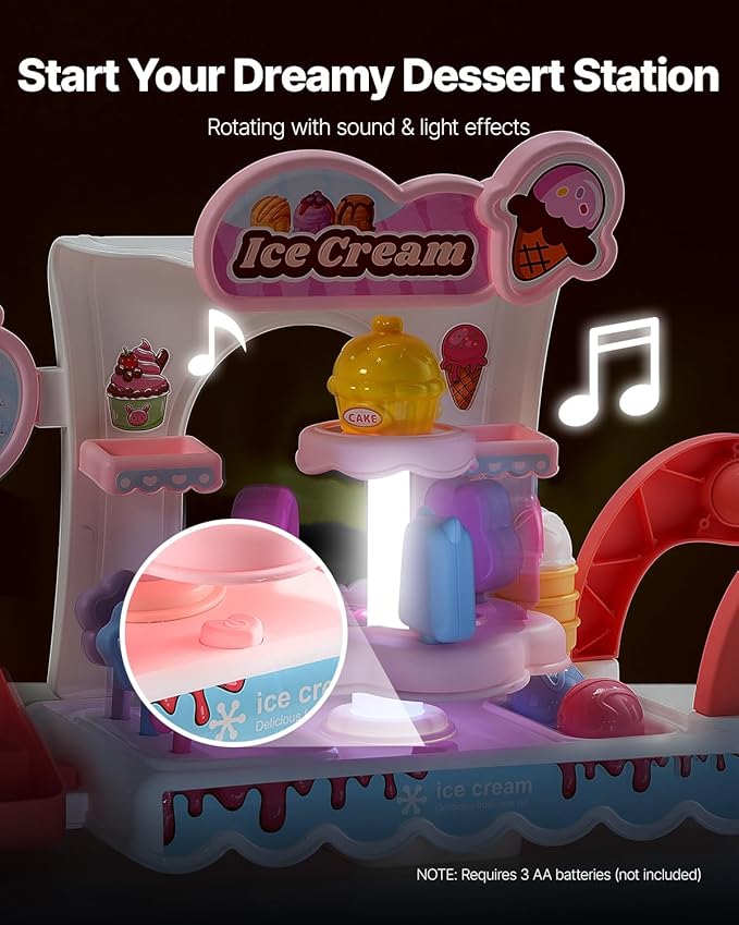 VEVOR Ice Cream Cart for Kids, 27 PCS Accessories, Pretend Play Store with Storage Trolley with Pretend Money, Sound & Light Effects, Montessori Educational Ice Cream Truck Toys for Toddlers 3+ (Pink)