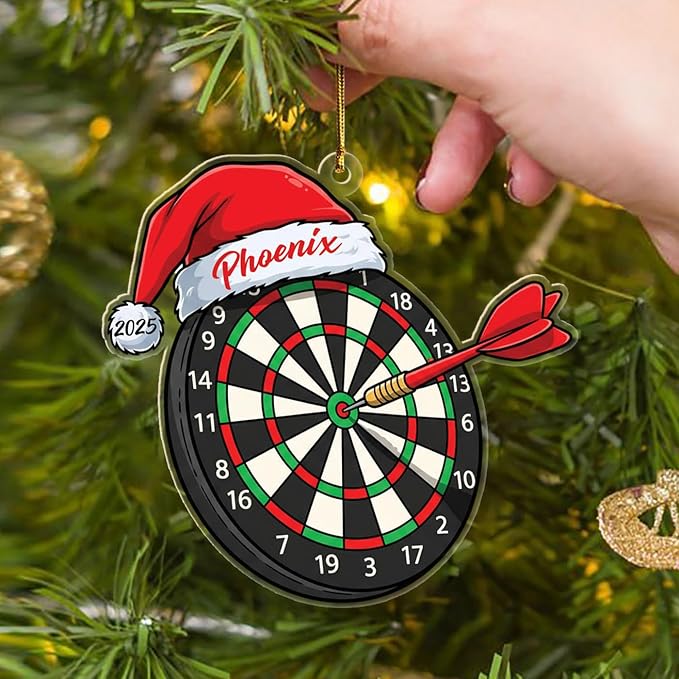 Personalized Dart Board Santa Hat Shaped Xmas Ornament 2025, Dart Board Christmas Ornament Gift for Darts Lover Men Women Dad Mom Daughter Son, Custom Year Name Ornaments for Darts Fans Player Team