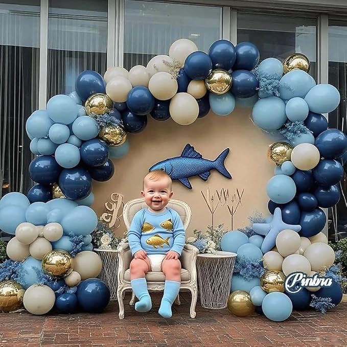 Navy Blue Balloon Garland Double Stuffed Dusty Blue Gold White Sand Balloons Beige Cream Metallic Latex Arch Kit for Neutral Baby Shower Gender Reveal Birthday Wedding Graduation Party Decorations