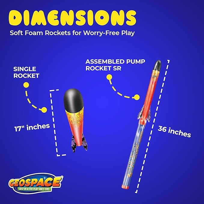 Geospace Hand Held Pump Rocket SR. Size (Single Pump) – Flying Foam Rockets Outdoor Toys for Kids, Boys & Girls – 36" Rocket Set – Hand Stomper Rockets Toy - Cool Toys for Fun