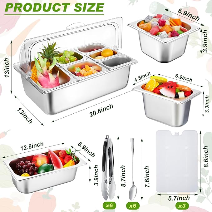 Tessco for You 16 Pcs Countertop Chilled Condiment Container Set with Lid, Stainless Steel Salad Cold Ice Food Spice Serving Display Caddy for Buffet Restaurant Kitchen Party(Mixed 6 Compartments)