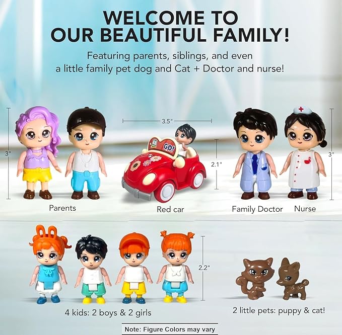 FUNERICA Dollhouse People Figures Playset - Dollhouse Family Little Play Figurines Doll House Accessories Toys -(Family Figures with Car, Pets, Doctor & Nurse)