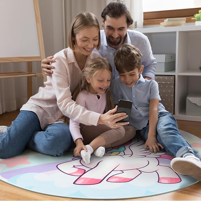 Round Rug for Kids Room Unicorn Circle Rugs for Bedroom Kids Rugs for Playroom Girls Cute Cartoon Carpet Living Room Dining Room Decor 47x47 inch
