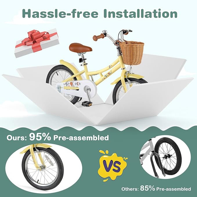 BABY JOY Retro Kids Bike, 12 14 16 18 Inch Child Bike for 3-8 Years Old w/Rattan Basket, Adjustable Height, Training Wheels, Fenders, Handbrake Coaster Brake, 95% Pre-Assembled Kids Bicycle for Girls