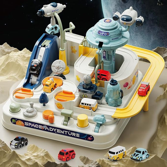 Fistone Kids Race Track Car Adventure Toy for Toddlers, Spaceship Puzzle Rail Track City Rescue Playset with 4 Mini Cars, Preschool Educational Car Games Toys for Boys Age 3+