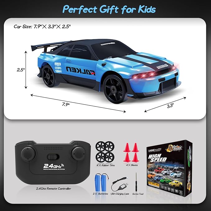 1/24 4WD High Speed RC Car with LED Light, Two Rechargeable Batteries and Drift Tires, RC Car for Kids and Adults, Blue