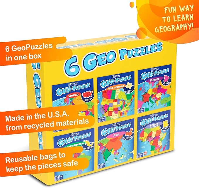 GeoToys GeoPuzzle, Country-Shaped Jigsaw Puzzles Set of 6 in One Box, Geography Puzzle, Map Puzzle, Jigsaw Puzzles for Kids Ages 6-9 Years Old
