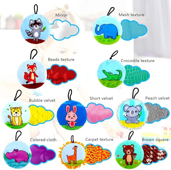 Baby Sensory Mats Animal Sensory Toys, 10 Various Textures Early Sensory Exercise Sensory Mats Sensory Toys for Kids 20 Pcs Baby Tummy Mat with Mirror Sensory Play Toys for Infant Newborn Toddler