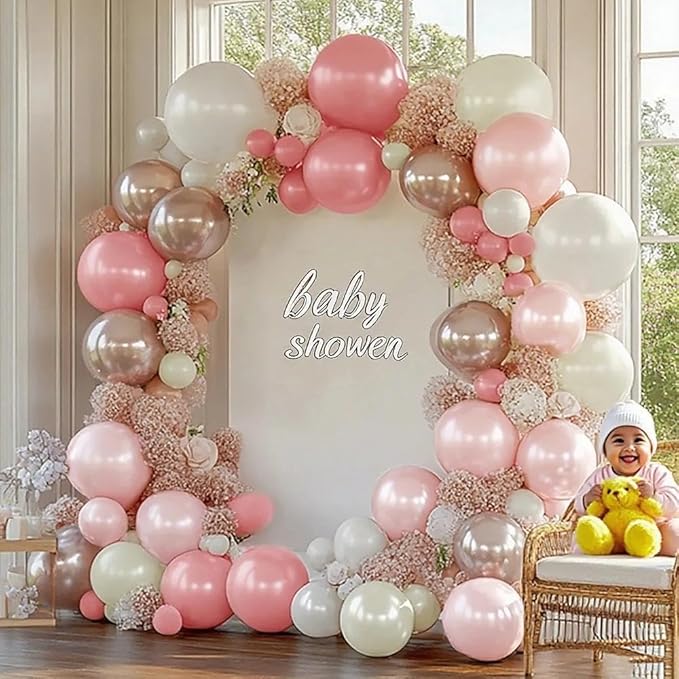 Pearl Pink White Balloon Garland Double Stuffed Light Pink Champagne Gold White Sand Balloon Arch Kit for Baby Shower Birthday Bridal Shower Wedding Birthday Party Decorations