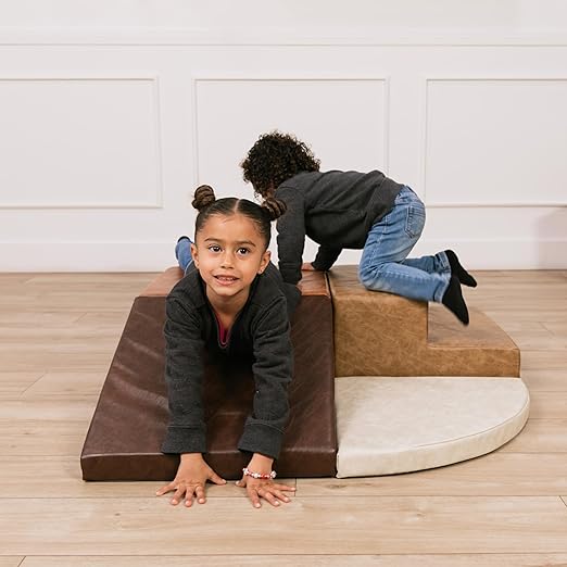 FDP Rustic Western Toddler Playtime Corner Climber, Distressed Faux Hide Leather, Indoor Active Play Structure for Toddlers and Kids, Safe Soft Foam for Crawling and Sliding (4-Piece Set), 11619-DA