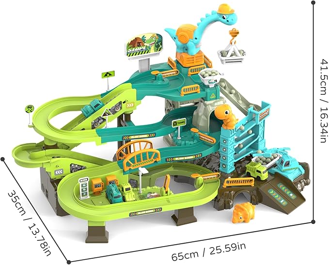 66PCS Dinosaur Engineering Adventure Track Set for Kids 3+,Electric Climbing Ladder Rotating Crane, Interactive Construction Playset with Music, 4 Mini Cars & 2 Dinosaur Figures, Ideal Gift