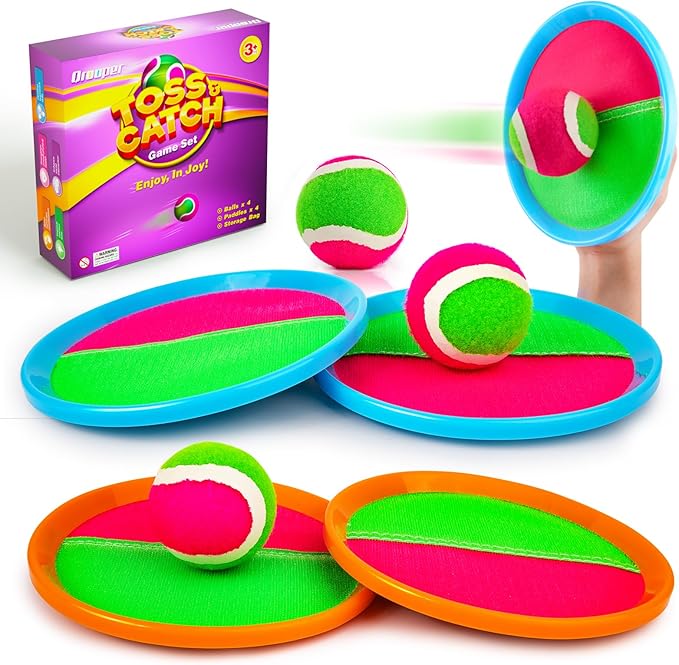 Kids Outdoor Toys - Toss and Catch Game Set, Outside Yard Camping Beach Pool Toys Games for Boys Girls 3 4 5 6 7 8 9 10 Year Old, 4 Paddles 4 Balls (Blue+Orange)
