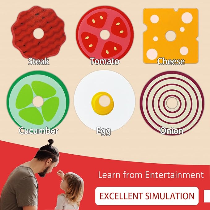 Toddler Montessori Toys for 3 4 5 Year Old Boy Girl, Pretend Play Toy Fake Food for Ages 3-5 Kids Gifts, Stacking Wooden Building Blocks Educational Puzzles Games for Preschool Classroom (Hamburger)