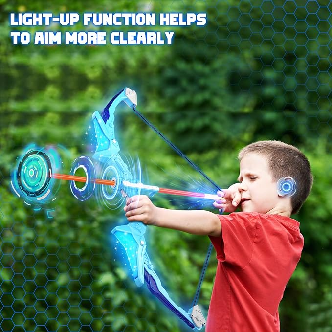 2 Pack Kids Bow and Arrow, 20 Suction Cup Arrows, 2 Archery Targets&Quiver, Light-up Set for 4 5 6 7 8 9 10 11 12 Year Old, Indoor Outdoor Toys for Ages 5-7 8-13 Boys Girls(Black & Blue)