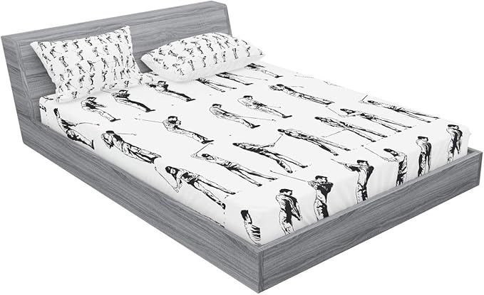 Ambesonne Golf Fitted Sheet & Pillow Sham Set, Golf Swing Shown in 14 Stages Sports Hobby Themed Sketch Art Storyboard Print, Decorative Printed 3 Piece Bedding Decor Set, Full, White Charcoal