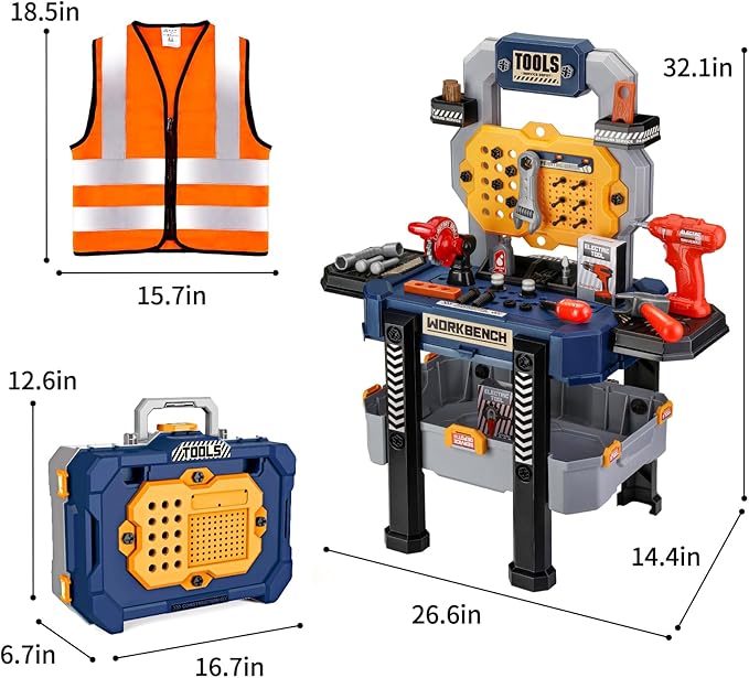 Deejoy Kids Bench with Realistic Tools & Electric Drill, 79 Pcs Realistic Toy Tools with Clothes, Toddler Learning Gift for Boys & Girls Age 3-5 (Blue) 32x26.6x14.4 in