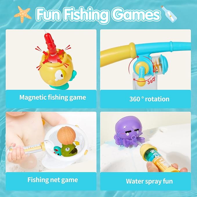 Bath Toys for Kids Ages 1-3 - Water Table Toys Set Magnetic Fishing Toy with Fishing Rod, Spinning Octopus & 2 Balls, Fishing net and Storage Bag, Fishing Games Water Pool Toys for Toddlers 1-3