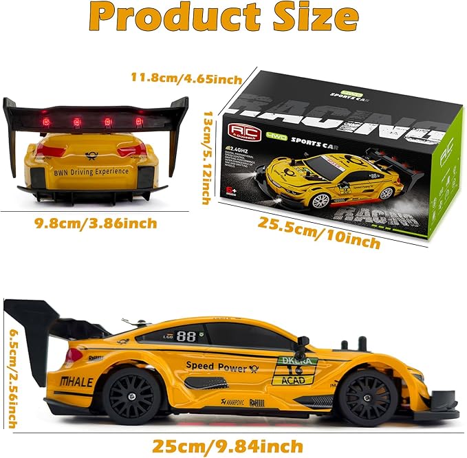 1:20 RC Drift Car 2.4GHz 4WD High Speed Drift Remote Control Cars Vehicle with LED Lights and Drifting Tires Batteries x2 Racing Sport Toy Cars for Adults Boys Girls Kids (Yellow)