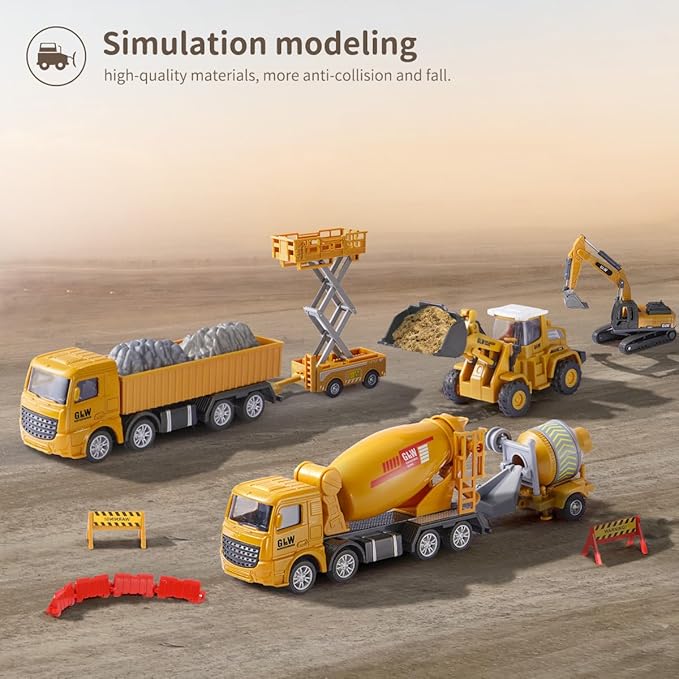 Geyiie Construction Vehicles Truck Toys, Construction Trucks Die Cast Alloy Truck Head, Tractor Trailer Excavator Dump Sandbox Gift for Toddlers Kids Boy