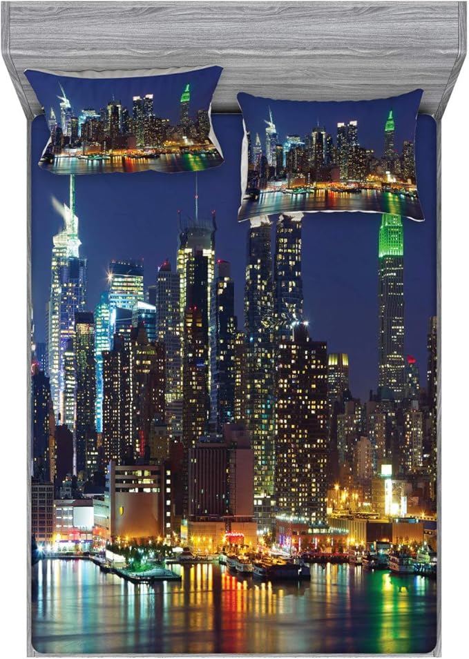 Ambesonne New York Fitted Sheet & Pillow Sham Set, NYC Midtown Skyline in Evening Skyscrapers Metropolis City States Photo, Decorative Printed 3 Piece Bedding Decor Set, Full, Royal Blue