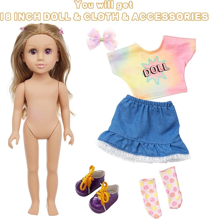 18 Inch Girl Doll Playset with Doll Clothes and Accessories Including 18 Inch Doll T-Shirt Denim Skirt Shoes Handbag Socks Bow Headwear for Little Girl
