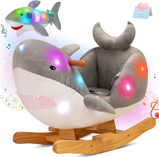 Glow Guards Grey Shark Rocking Horse with Chair Muical Light up Shark Stuffed Animal for Ages 1-3 Toddlers Kids Babies Ride Toy Birthday Christmas
