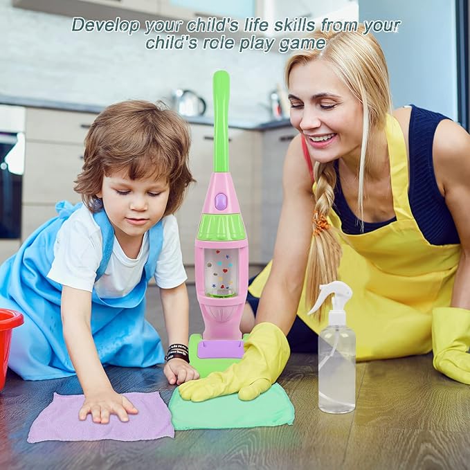 Kids Pink Vacuum Cleaner with Light & Realistic Sounds - Pretend Role Play Household Cleaning Set, Kids Cleaning Toys for Toddler Children (Pink Color)