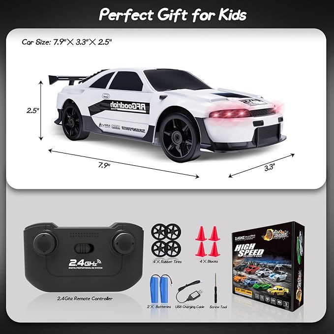 2.4GHz High Speed RC Drift Car, LED Lights, 4WD, Two Batteries Included, Drift Tires, for Kids & Adults, White