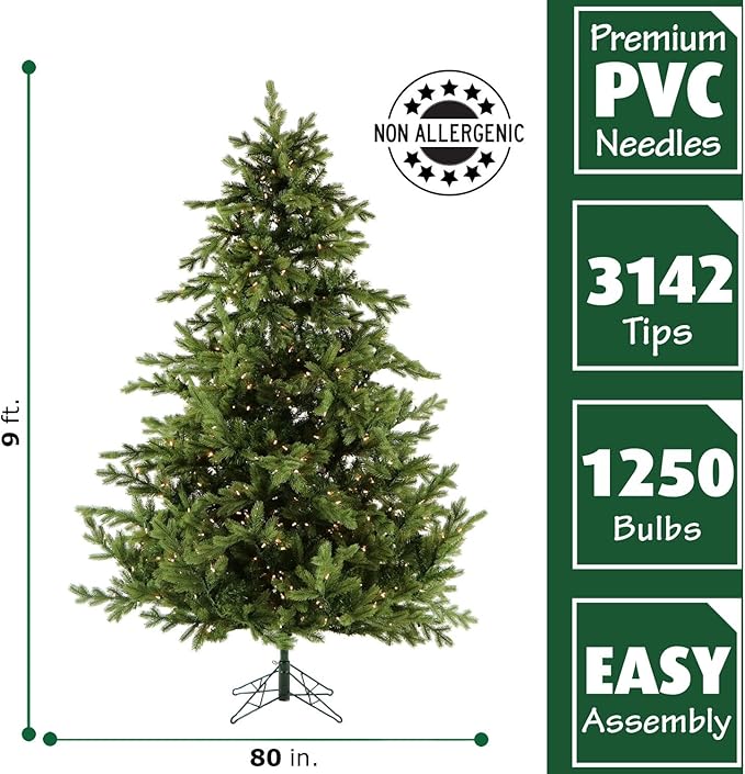 Fraser Hill Farm Woodside Pine Christmas Tree, 9 Feet Tall, Faux Xmas Tree Includes Warm White LED Lights with Easy to Connect Features, Great Indoor Holiday Décor