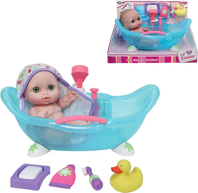 JC Toys Lil Cutesies 8.5" All Vinyl Doll and Real Working Bath Set | Posable and Washable | Removable Outfit | Bath with Play Accessories Ages 2+ , Blue