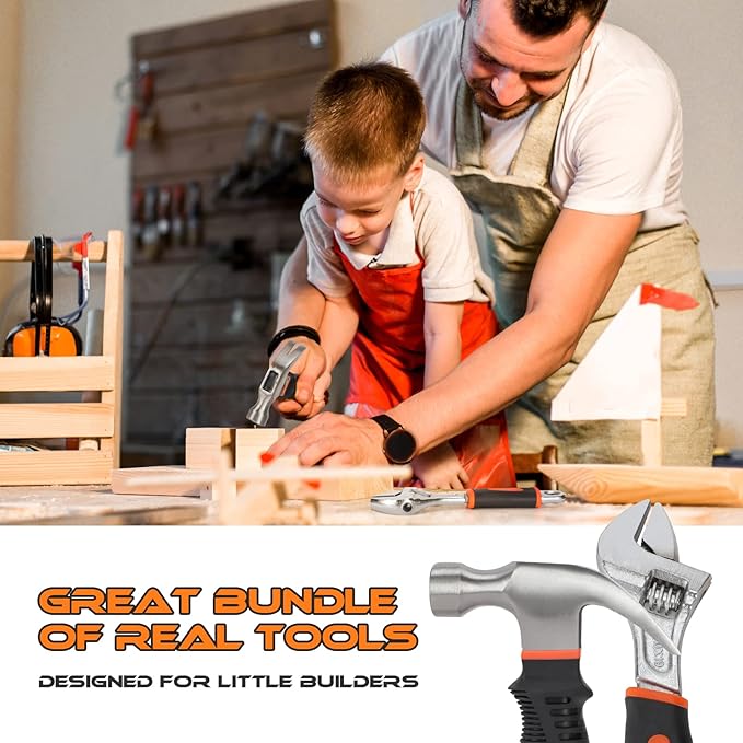 25 Pieces Kids Real Tool Kit Children Real Tool Set with Real Hand Tools, Kids Tool Belt, Pouch Bag,Magnetic Wristband for Small Hands DIY Woodworking Projects Home Repair