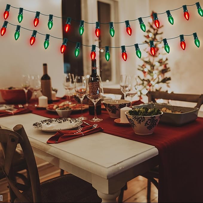 C7 LED Red and Green Christmas Lights 25Ft LED Outdoor String Lights with 27 Clear Red & Green Bulbs, Vintage Christmas Lights for Tree Carnival Patio Wedding Holiday Pathway Roofline Decor