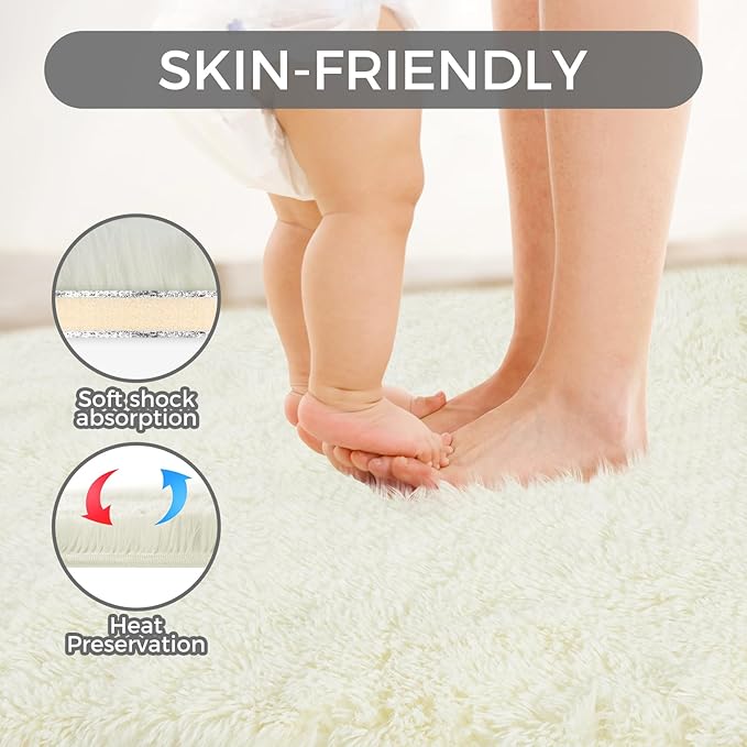 Ultra Soft Rug for Living Room, 9X12 Fluffy Shag Area Rug for Bedroom, Modern Shaggy Carpets Fuzzy Rug for Teens Dorm Nursery Home Decor Aesthetic, Upgrade Anti-Skid Durable, Cream White