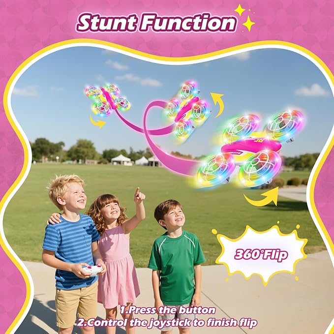 LED RC Drone for Kids 6+, Christmas Birthday Gift for Boys & Girls with Remote Batteries, 360° Flips, 3 Speed Modes, 45 Min Flight Indoor and Outdoor Flying Toy - RoseRed Yellow