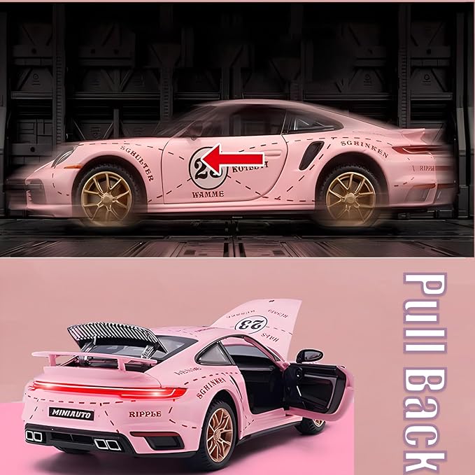 Toy Car Model Porsche 911 Turbo S Car Ornaments, Alloy Diecast Car Toy with Display Base, Pull Back Car Toys with Light & Sound for Kids Age 4-8 Girls Gift Pink