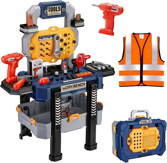 Deejoy Kids Bench with Realistic Tools & Electric Drill, 79 Pcs Realistic Toy Tools with Clothes, Toddler Learning Gift for Boys & Girls Age 3-5 (Blue) 32x26.6x14.4 in