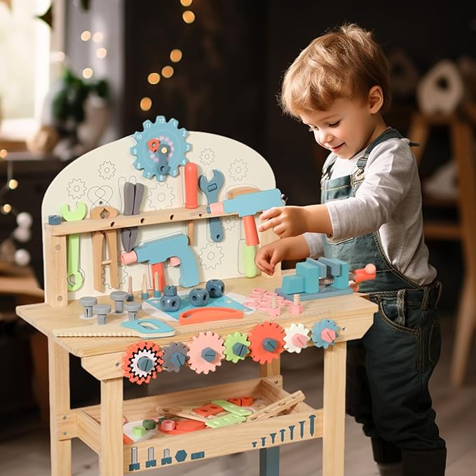 Wooden Power Tool Workbench for Kids, Building Tools Sets Pretend Play Toys - Construction Workbench with Wrench, Screwdriver, Miter Saw and Hammer - Educational Gift for Toddlers Age 3 and Up