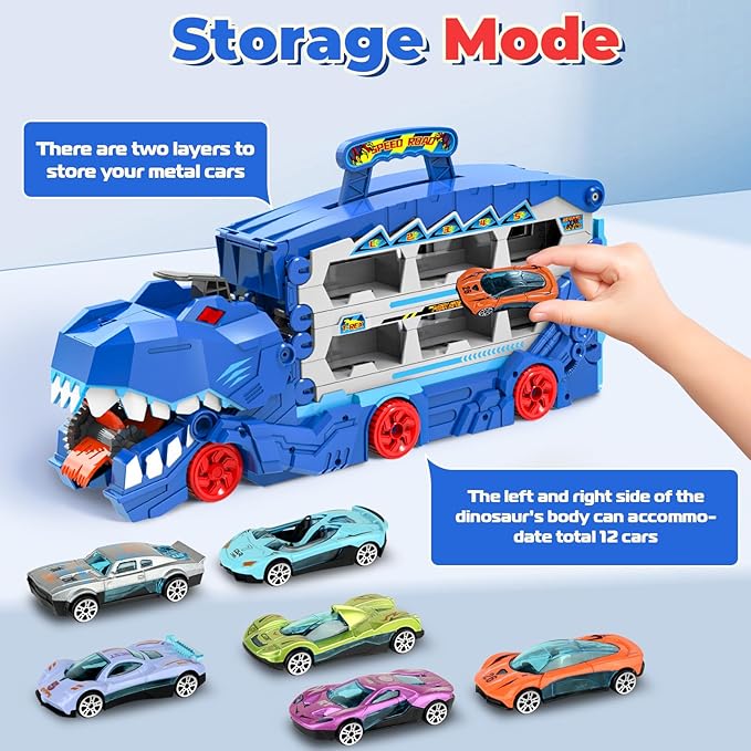 Carrier Truck Toys for Kids, 6-FT Race Track and 8 Die-Cast Metal Toy Cars, Dinosaur with Race Track Ultimate Transporter, Racing Car with Sound Toddler Toys Gifts for Age 3 4 5 6 7 8Years Old