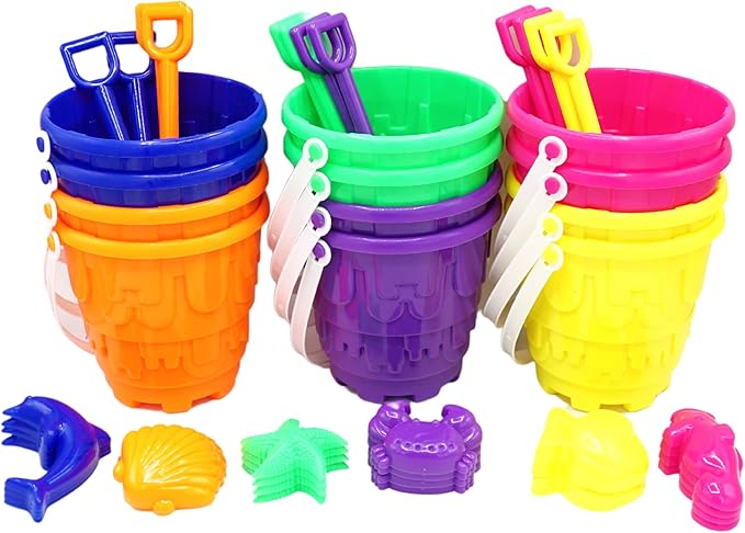 4E's Novelty 12 Sets Beach Toys - Includes 12 Sand Buckets, 12 Shovels, 24 Sand Molds for Kids - Small 5.75" Beach Buckets Bulk for Summer Party Favors, End of Year Student Gifts Toys