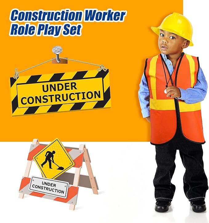 Geyoga 36 Pcs Kids Construction Worker Costume Construction Dress up Party Favors Vests Hats Bag for Birthday Age 3-8